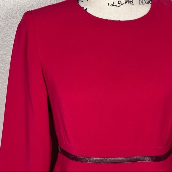 Vintage Kasper Sz 2P Long-Sleeve Midi Sheath Red Dress with Leather Belt Detail - Picture 3 of 11